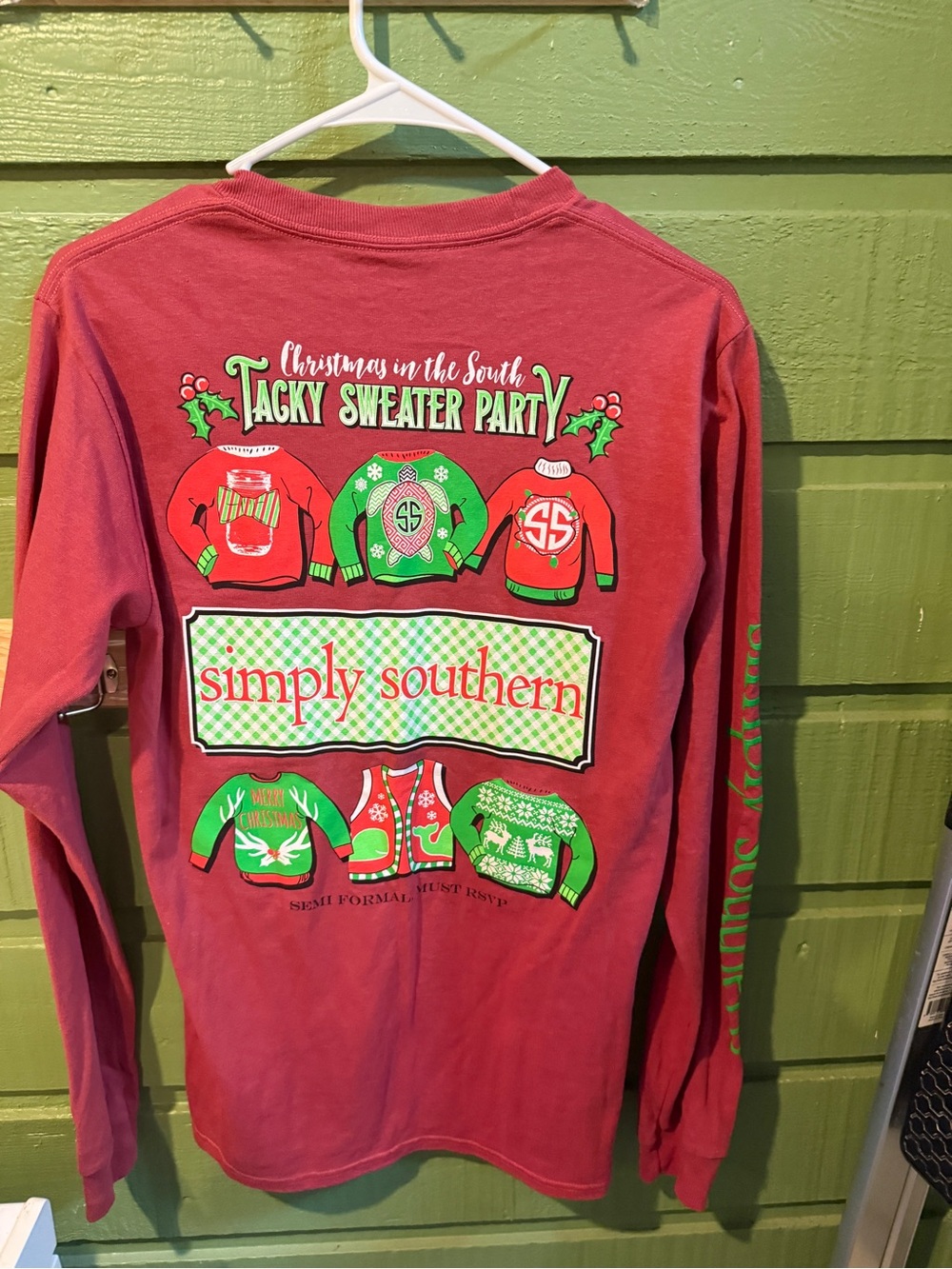 Simply Southern Coral Long Sleeve Tee with Green Bow Chest Logo - Picture 3 of 4
